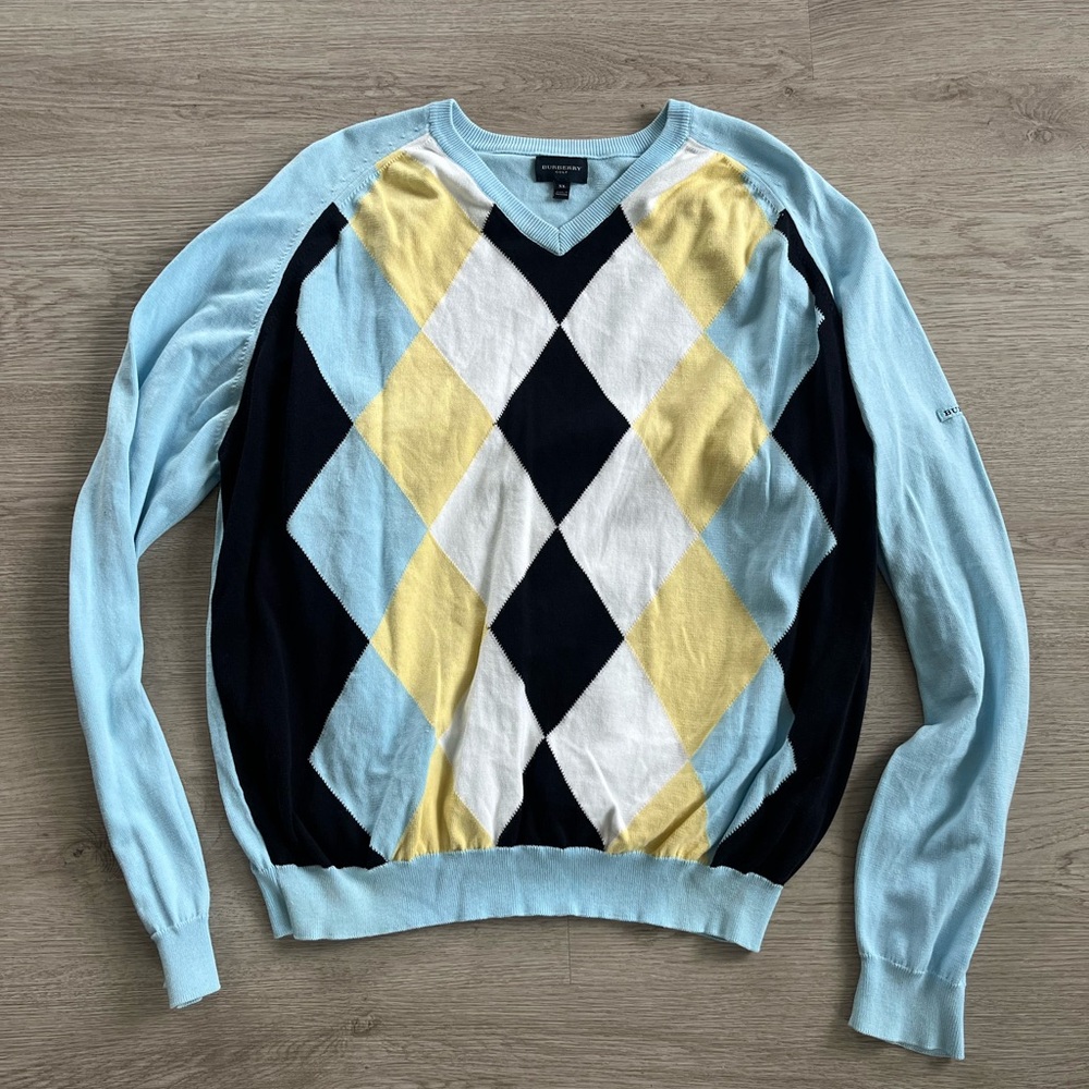 Burberry Golf V-Neck Sweater Blue and Black Argyle